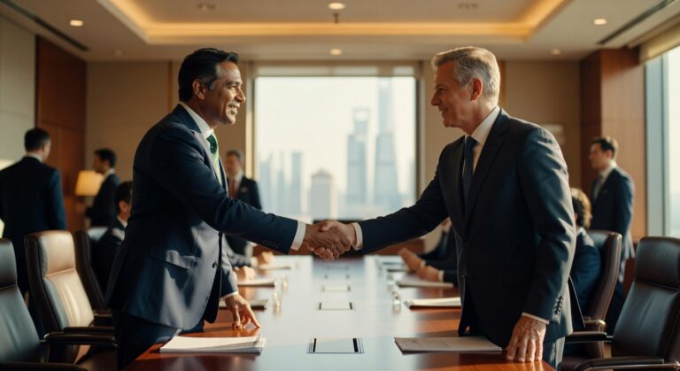 Dois executivos de terno fazem aperto de mãos em sala de reunião corporativa com vista urbana, negócios bilaterais