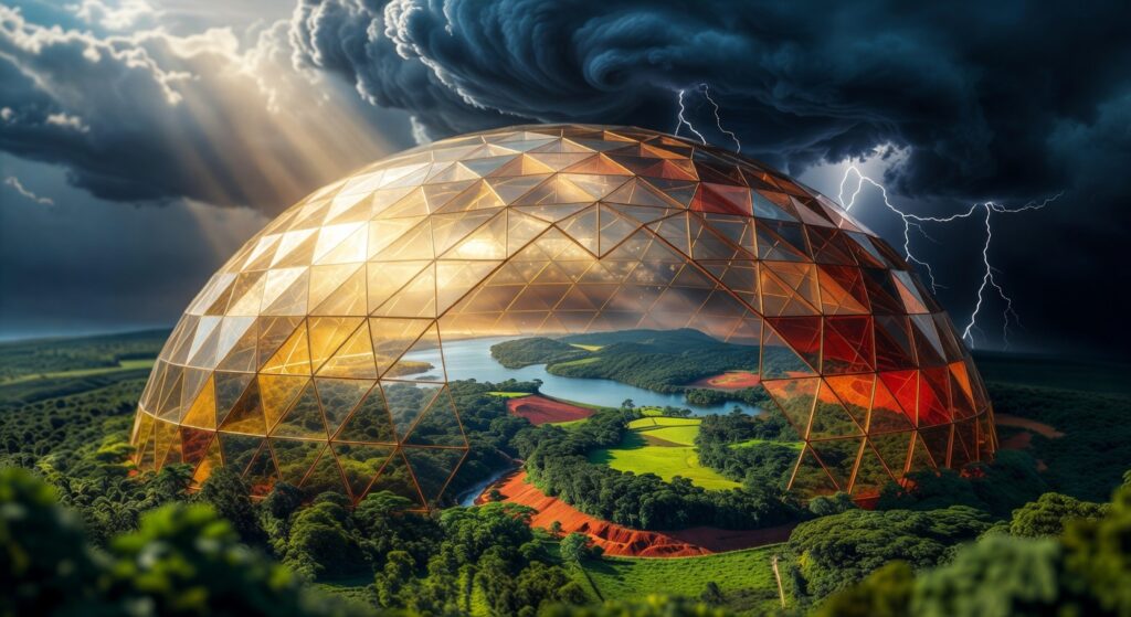 Estrutura geodésica transparente protegendo paisagem verde com rio, simbolizando proteção econômica resiliente