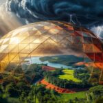 Estrutura geodésica transparente protegendo paisagem verde com rio, simbolizando proteção econômica resiliente