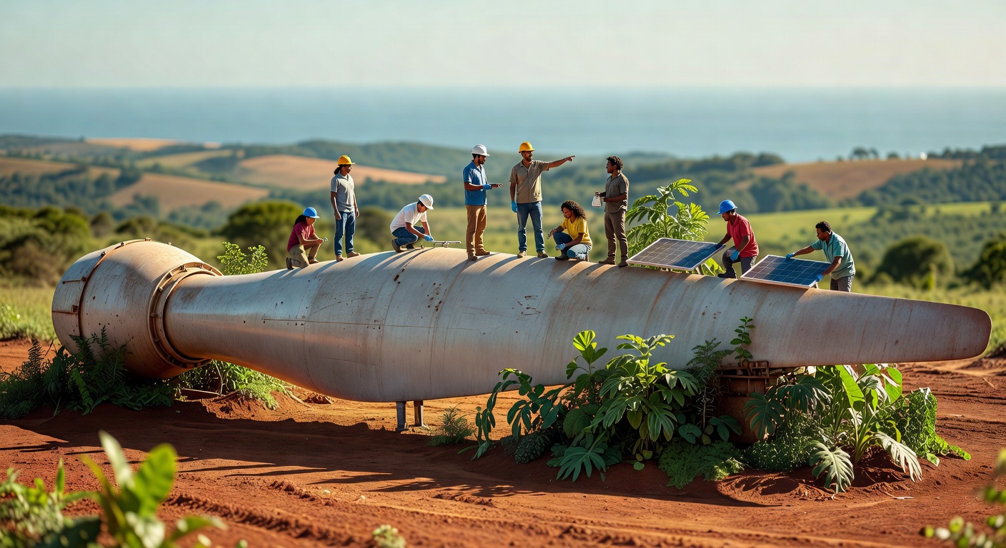 Equipe de trabalhadores instalando painéis solares em grande tubulação em área rural, representando investimentos em energia renovável