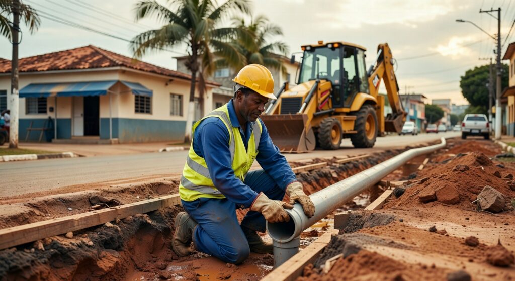 Trabalhador de capacete amarelo e colete refletivo instala tubos de PVC em obra de saneamento básico com retroescavadeira ao fundo