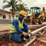 Trabalhador de capacete amarelo e colete refletivo instala tubos de PVC em obra de saneamento básico com retroescavadeira ao fundo