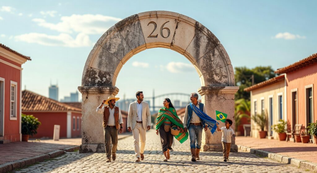 Cinco pessoas caminham sob arco de pedra histórico com número 26, representando integração comercial Mercosul-UE