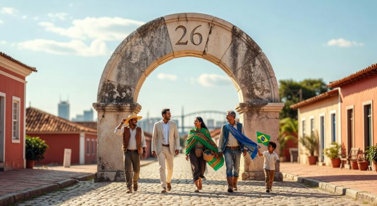 Cinco pessoas caminham sob arco de pedra histórico com número 26, representando integração comercial Mercosul-UE