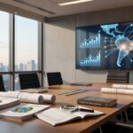 Sala de reuniões executiva com tela exibindo mapas e gráficos de dados econômicos globais, documentos sobre mesa