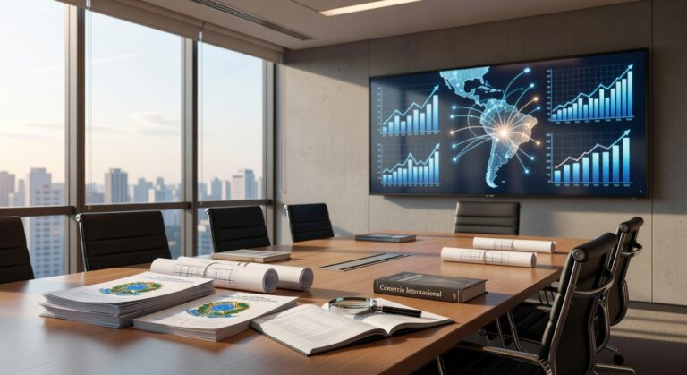 Sala de reuniões executiva com tela exibindo mapas e gráficos de dados econômicos globais, documentos sobre mesa