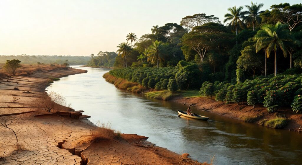 Rio navegável com embarcação tradicional, margens secas e floresta tropical exuberante, sustentabilidade ambiental