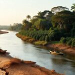 Rio navegável com embarcação tradicional, margens secas e floresta tropical exuberante, sustentabilidade ambiental
