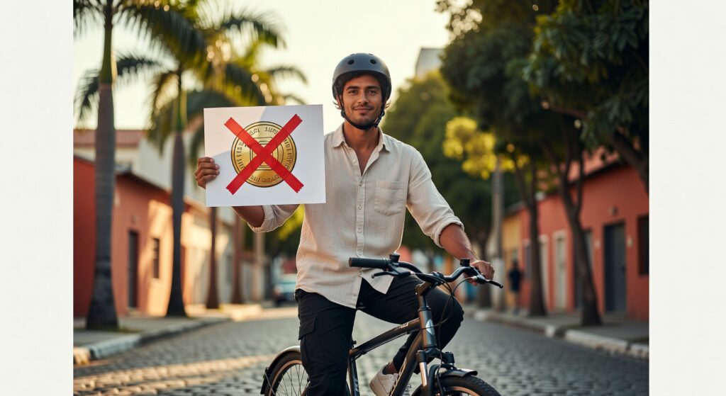 Ciclista com capacete segura cartaz com símbolo de moeda riscado, representando protesto contra taxas delivery economia digital