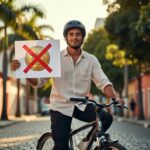 Ciclista com capacete segura cartaz com símbolo de moeda riscado, representando protesto contra taxas delivery economia digital