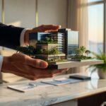 Homem de terno segurando maquete arquitetônica de edifício comercial moderno em escritório panorâmico mercado imobiliário