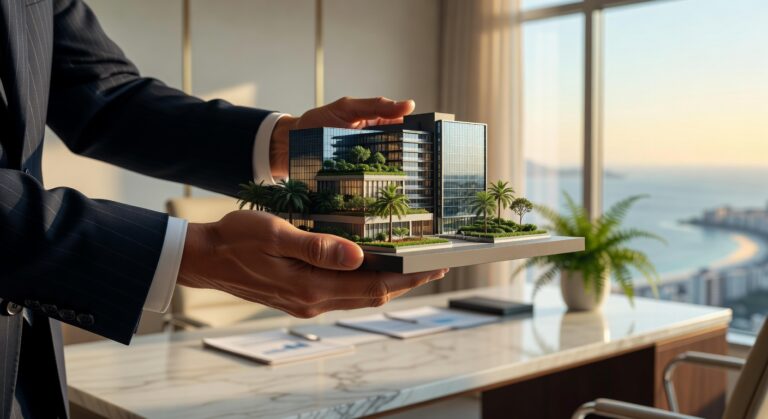 Homem de terno segurando maquete arquitetônica de edifício comercial moderno em escritório panorâmico mercado imobiliário