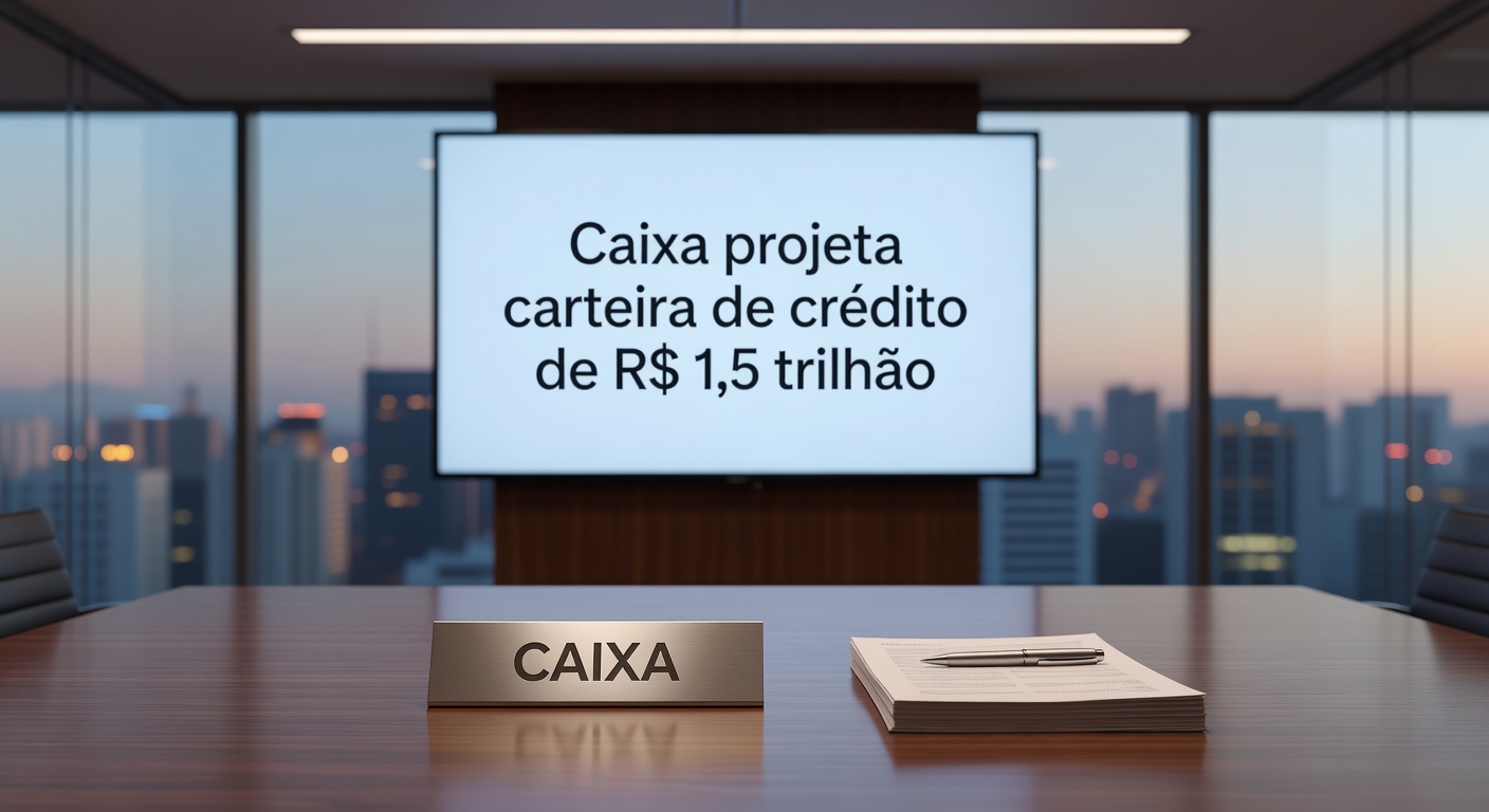 Sala de reunião executiva com telão mostrando projeção da Caixa sobre carteira de crédito trilionária setor bancário