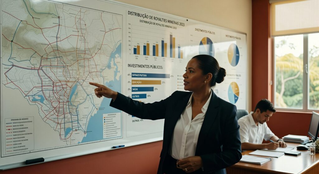 Executiva apresenta gráficos sobre distribuição de royalties minerais e investimentos públicos em infraestrutura
