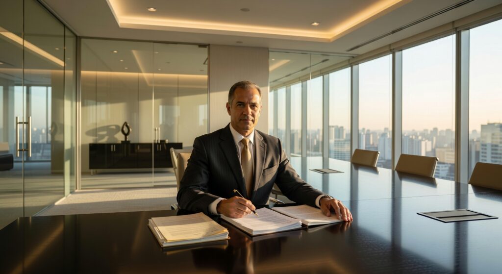 Executivo de terno assinando documentos em mesa de reunião em escritório corporativo com vista panorâmica urbana