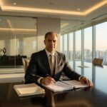 Executivo de terno assinando documentos em mesa de reunião em escritório corporativo com vista panorâmica urbana