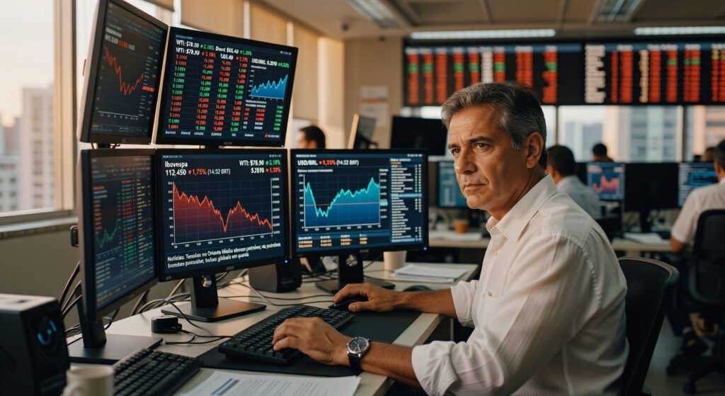 Profissional de meia-idade monitora gráficos do Ibovespa e indicadores financeiros em múltiplas telas bolsa valores