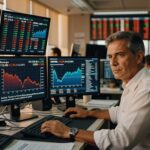 Profissional de meia-idade monitora gráficos do Ibovespa e indicadores financeiros em múltiplas telas bolsa valores