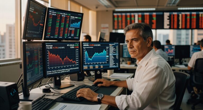 Profissional de meia-idade monitora gráficos do Ibovespa e indicadores financeiros em múltiplas telas bolsa valores