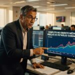 Executivo de terno analisando gráfico de alta do petróleo em monitor de computador em escritório financeiro, mercado energia