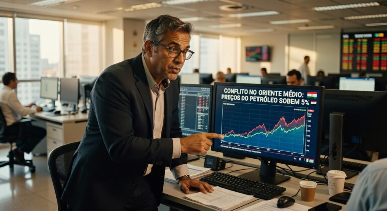 Executivo de terno analisando gráfico de alta do petróleo em monitor de computador em escritório financeiro, mercado energia