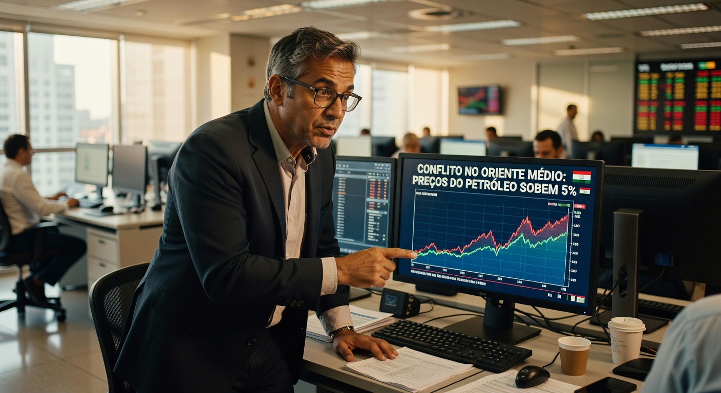 Executivo de terno analisando gráfico de alta do petróleo em monitor de computador em escritório financeiro, mercado energia