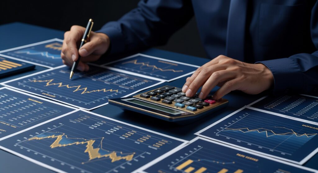 Pessoa calculando rendimentos de CDB com documentos e calculadora sobre mesa