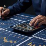 Pessoa calculando rendimentos de CDB com documentos e calculadora sobre mesa