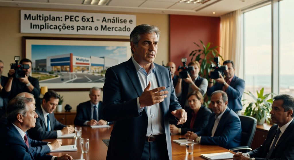 Executivo de terno apresentando em sala de reunião com banner sobre PEC 6x1 ao fundo, mercado de trabalho