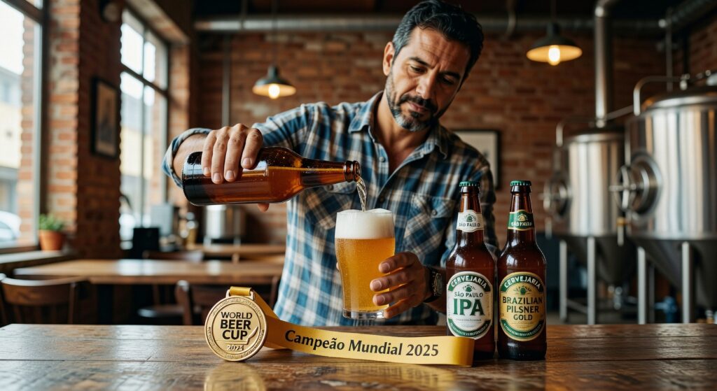 Homem servindo cerveja artesanal em copo com medalha World Beer Cup 2025 e garrafas de cerveja brasileira na mesa, mercado cervejeiro