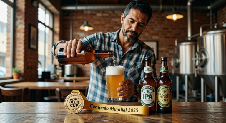 Homem servindo cerveja artesanal em copo com medalha World Beer Cup 2025 e garrafas de cerveja brasileira na mesa, mercado cervejeiro