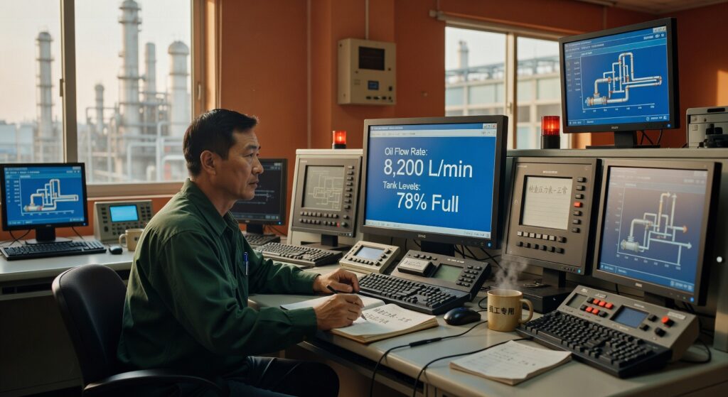 Operador em sala de controle industrial monitorando sistemas de fluxo de petróleo em múltiplos monitores com dados de produção