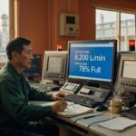 Operador em sala de controle industrial monitorando sistemas de fluxo de petróleo em múltiplos monitores com dados de produção