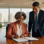 Mulher executiva assinando documento enquanto homem observa em escritório moderno, investimento sustentável