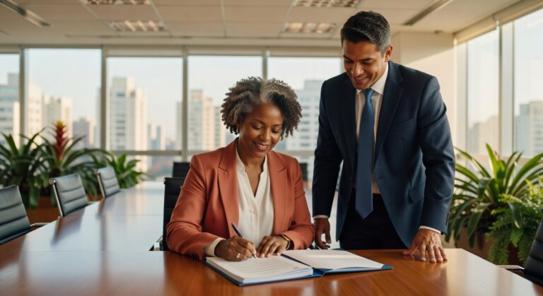 Mulher executiva assinando documento enquanto homem observa em escritório moderno, investimento sustentável