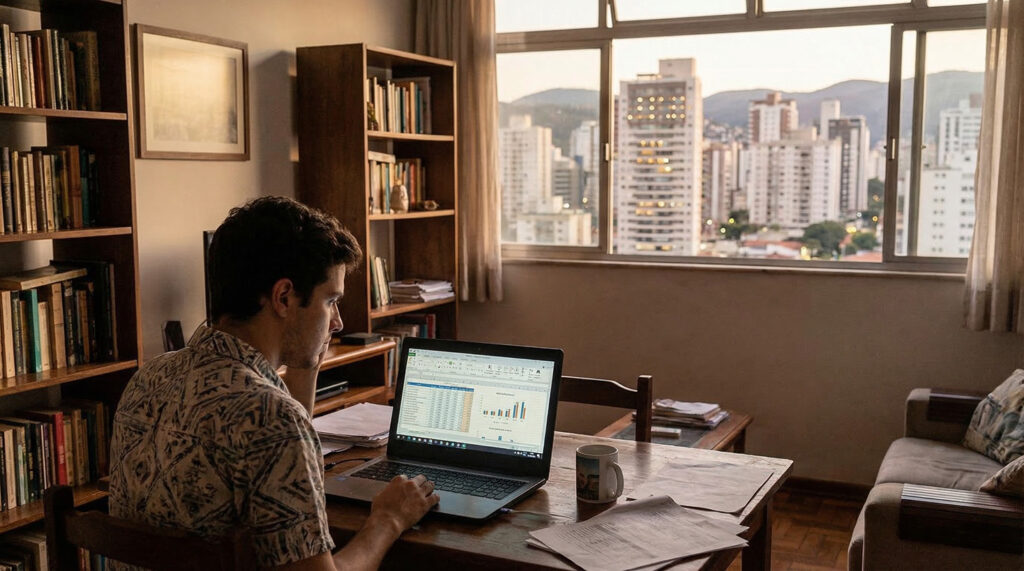 Profissional trabalhando em planilhas e gráficos financeiros no laptop em home office com vista urbana investimentos