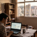 Profissional trabalhando em planilhas e gráficos financeiros no laptop em home office com vista urbana investimentos