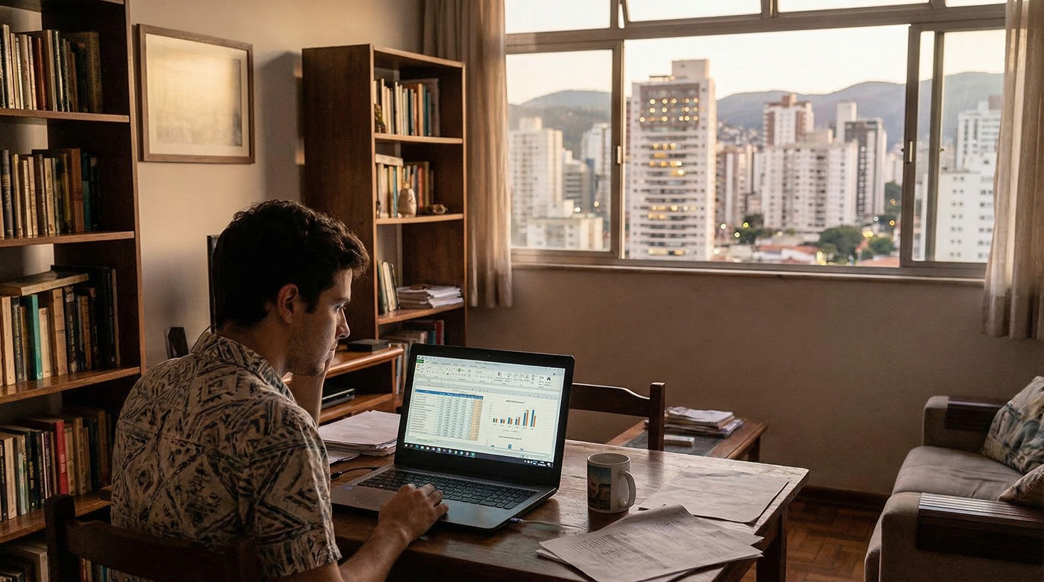 Profissional trabalhando em planilhas e gráficos financeiros no laptop em home office com vista urbana investimentos