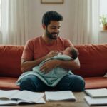 Pai jovem alimentando bebê recém-nascido no sofá de casa com livros na mesa, licença paternidade família