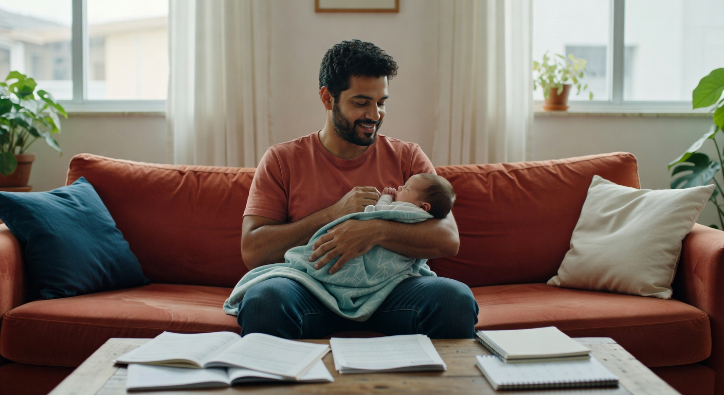 Pai jovem alimentando bebê recém-nascido no sofá de casa com livros na mesa, licença paternidade família