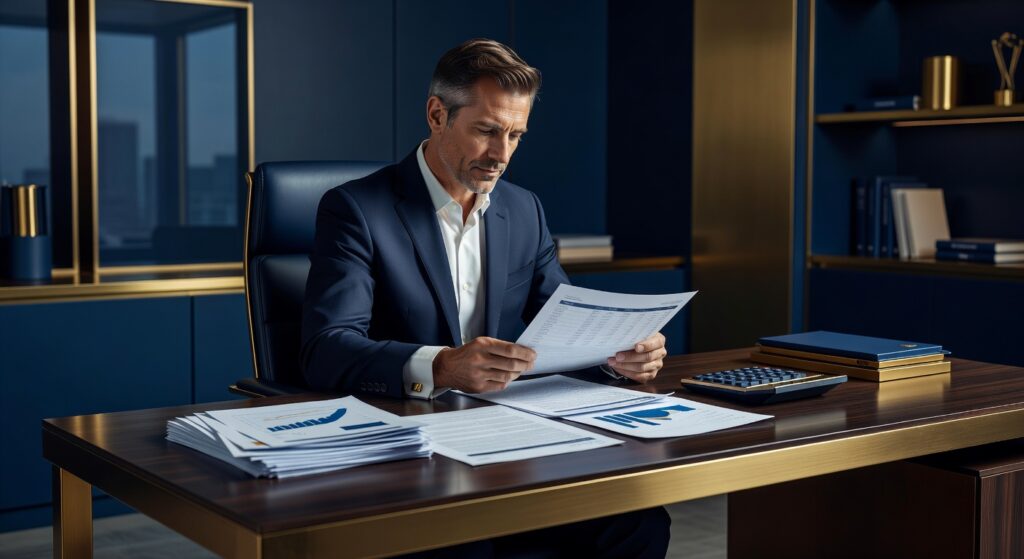 Pessoa analisando documentos de crédito consignado em mesa de escritório com calculadora