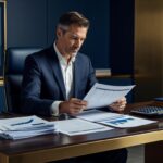 Pessoa analisando documentos de crédito consignado em mesa de escritório com calculadora