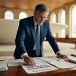 Executivo de terno azul analisando documentos sobre mesa em escritório elegante, déficit fiscal, contas públicas