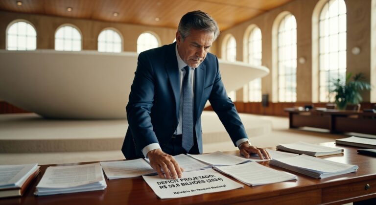 Executivo de terno azul analisando documentos sobre mesa em escritório elegante, déficit fiscal, contas públicas