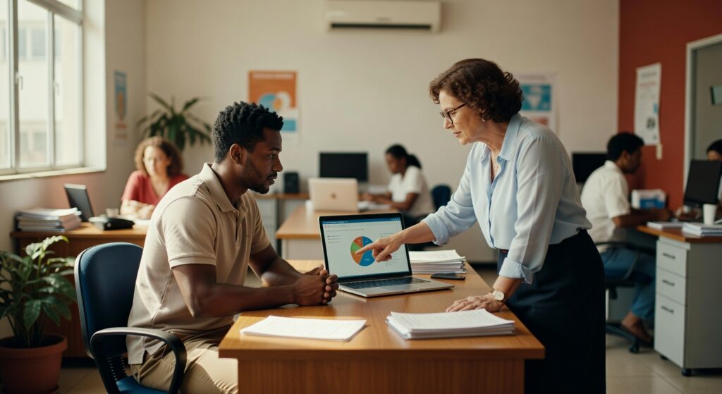 Executiva apresenta gráficos em laptop para funcionário em escritório moderno, mercado trabalho análise dados