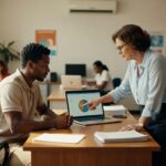 Executiva apresenta gráficos em laptop para funcionário em escritório moderno, mercado trabalho análise dados