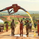 Trabalhadores uniformizados observam combustível dourado jorrando de bomba de abastecimento próximo a caminhões-tanque diesel