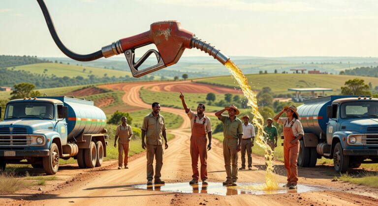 Trabalhadores uniformizados observam combustível dourado jorrando de bomba de abastecimento próximo a caminhões-tanque diesel