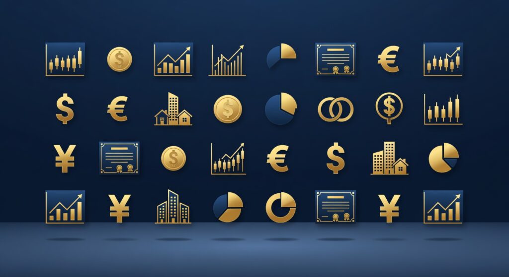 Ilustração conceitual de diversificação de investimentos com símbolos financeiros espalhados em tons navy e dourado
