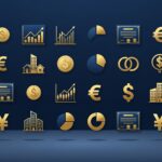 Ilustração conceitual de diversificação de investimentos com símbolos financeiros espalhados em tons navy e dourado